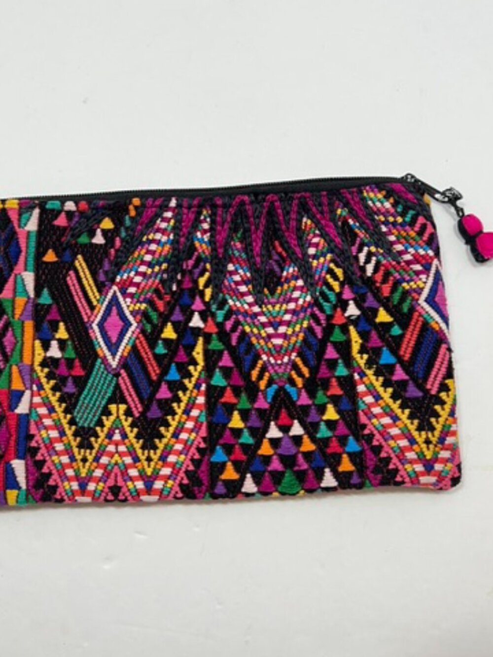 Bright & Lively multicolor woven clutch with bold embroidery, Top zip w/tassel